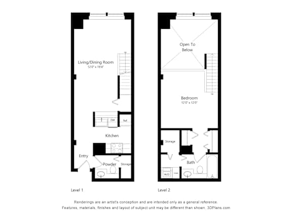 a floor plan of a house with two floors and an open space