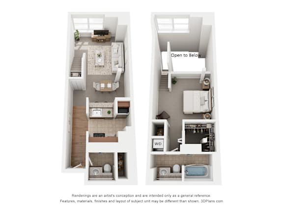 A floor plan of a two-bedroom apartment with a living room, kitchen, and bathrooms.