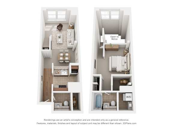 A floor plan of a small apartment with a kitchen, living room, and bathroom.