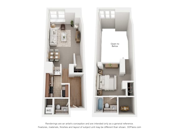 A diagram showing two different layouts of a bedroom with a note on the right side that says "Open to Below".