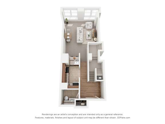 a stylized floor plan with a bedroom and a living room