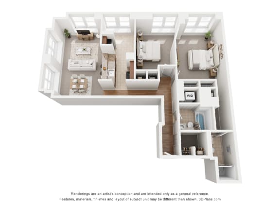 a stylized floor plan of a house with a bedroom and living room