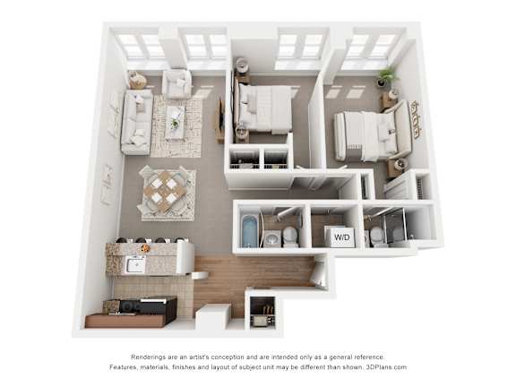 A 3D floor plan of a house with a kitchen, living room, and bathroom.