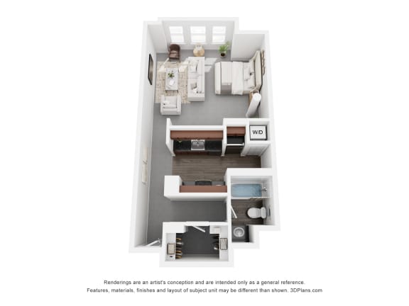 a stylized floor plan with a bedroom and a living room
