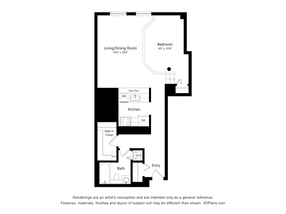 a floor plan of a unit with a bedroom and a living room