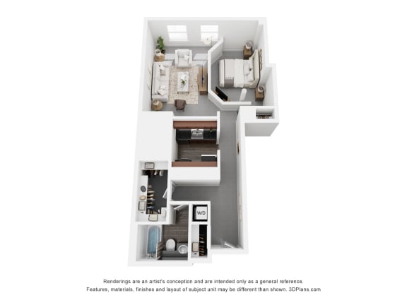 a stylized view of a 1 bedroom floor plan of a 2100 sq ft apartment