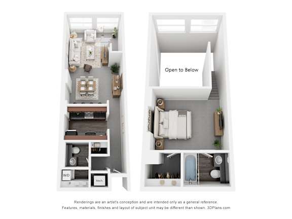a stylized floor plan with a bedroom and a living room