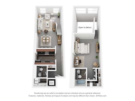 a stylized floor plan of a 1 bedroom apartment