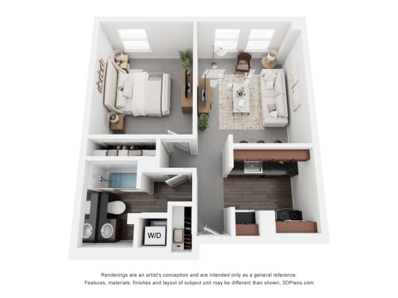 a stylized floor plan with a bedroom and a living room
