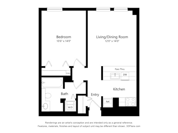 1 Bed Floor Plan 1 Bed Floor Plan at Parkside Apartments, St. Paul, MN, 55101