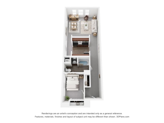 a floor plan of a studio apartment with a bedroom and a bathroom