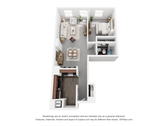 a stylized floor plan of a 1 bedroom apartment