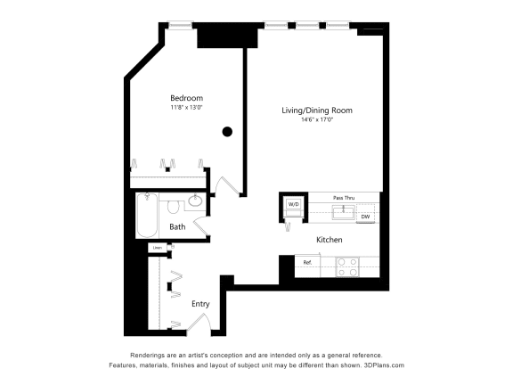 a floor plan of a 1 bedroom unit with a loft