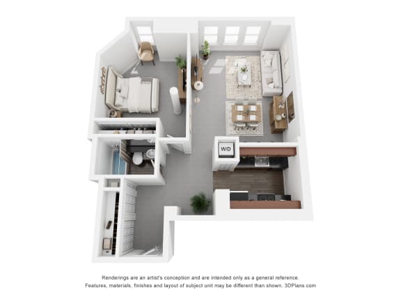 a stylized floor plan with a bedroom and living room