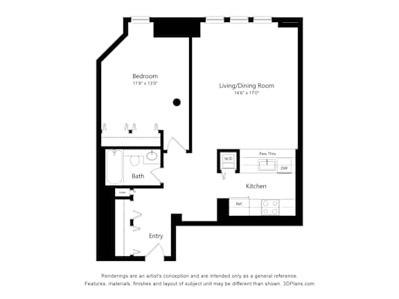 1 Bedroom 1 Bath Floor Plan 1 Bedroom 1 Bath Floor Plan at Parkside Apartments, Minnesota, 55101