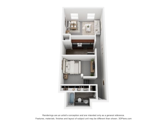 a stylized floor plan with a bedroom and a living room