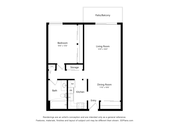 1 Bed 1 Bath Floor Plan at Pheasant Park Apartments, New Hope, MN, 55428-5401