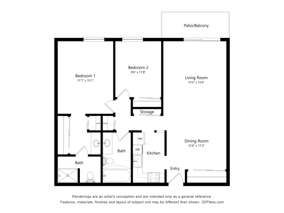 2 Bedroom 1 Bath Floor Plan at Pheasant Park Apartments, New Hope, MN