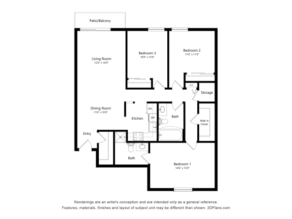 3 Bed 1 Bath Floor Plan 3 Bed 1 Bath Floor Plan at Pheasant Park Apartments, New Hope