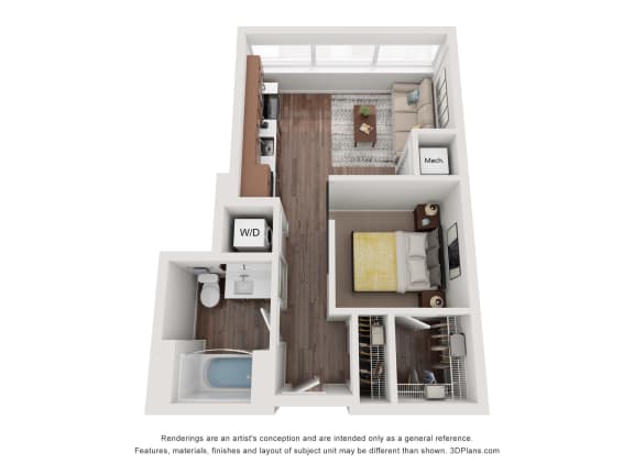 a stylized floor plan with a bedroom and a bathroom