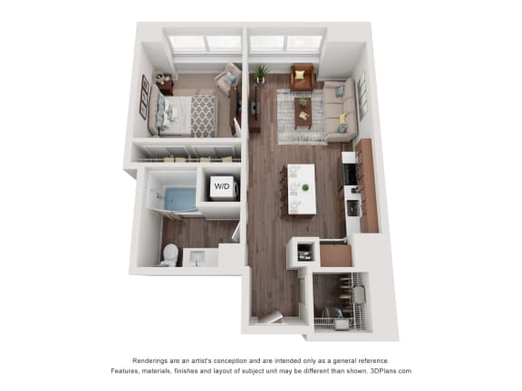 a stylized floor plan with a bedroom and a living room