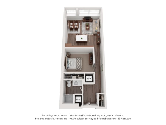a stylized floor plan with a bedroom and a living room