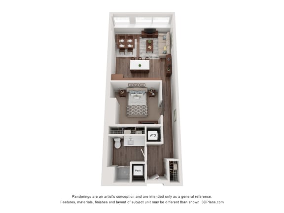 a stylized floor plan with a bedroom and a bathroom