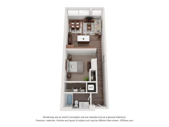 a stylized floor plan with a bedroom and a living room