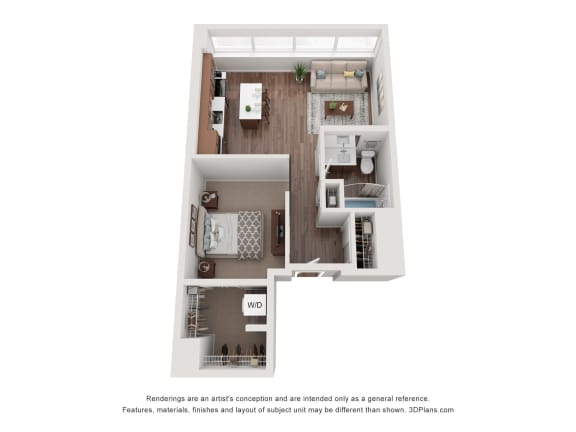 a stylized view of a 1 bedroom floor plan of a 2100 sq ft apartment