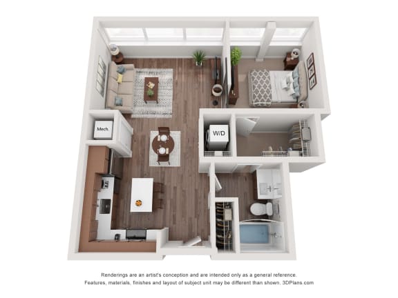 a stylized floor plan with a bedroom and a living room