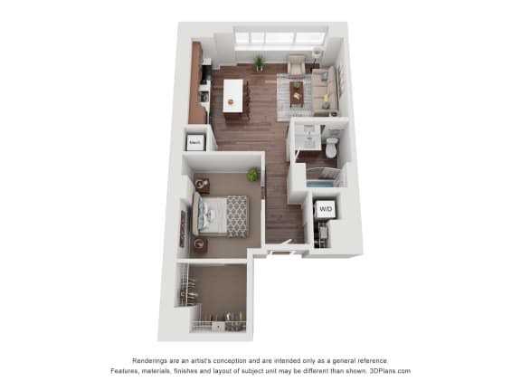 a stylized view of a 1 bedroom floor plan with an office and living room