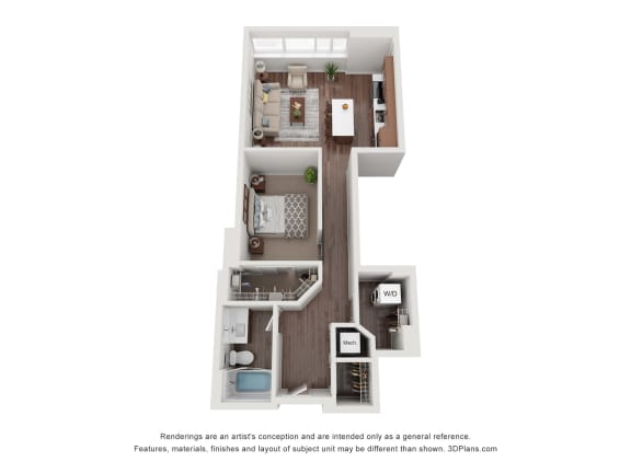 a stylized floor plan of a 1 bedroom floor plan