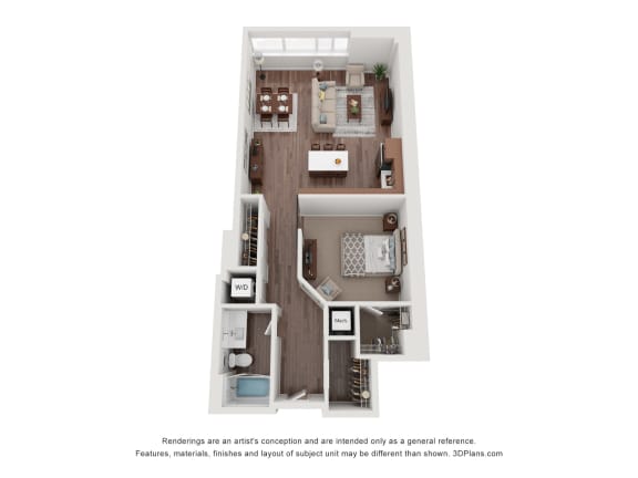 a stylized floor plan of a 1 bedroom apartment