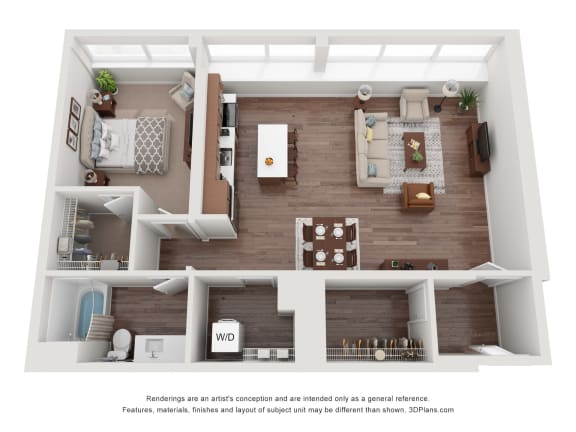 a rendering of the 1 bedroom floor plan with a bathroom and a living room