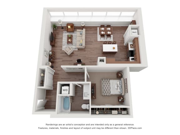 a stylized floor plan with a bedroom and living room