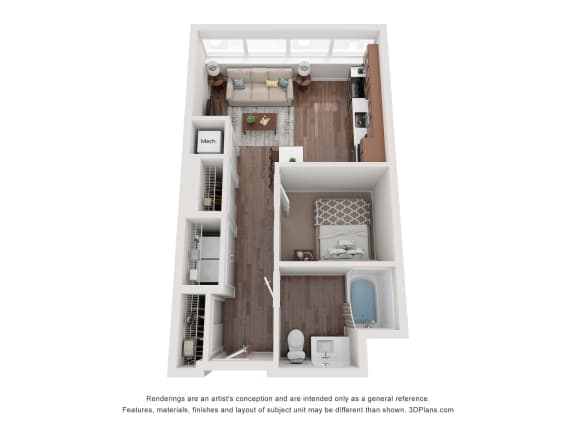 a stylized floor plan with a bedroom and a bathroom