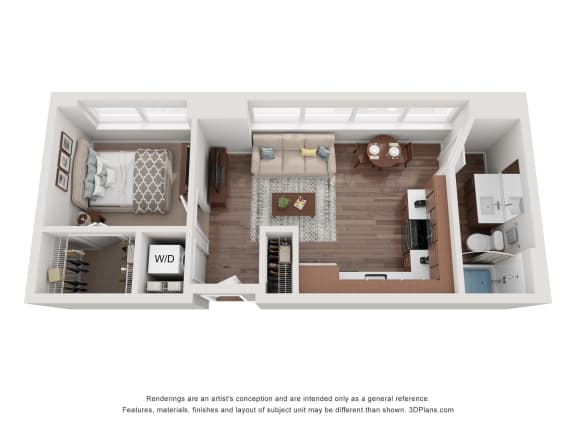 a stylized floor plan with a bedroom and a living room