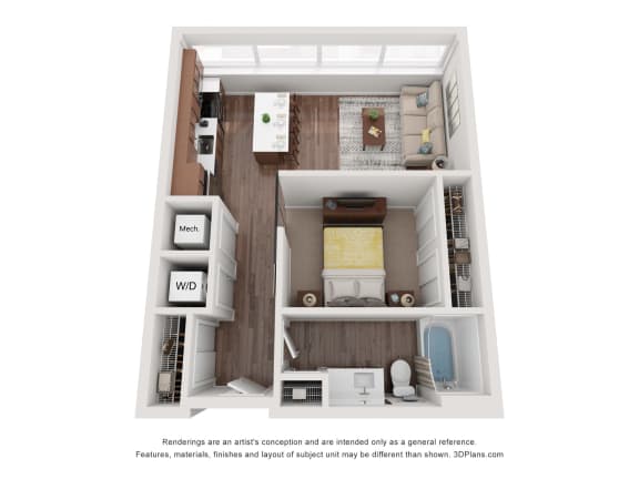 a stylized floor plan with a bedroom and a living room