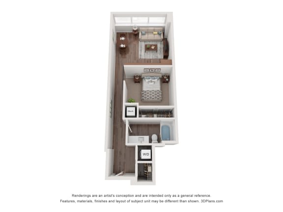 a stylized floor plan with a bedroom and a bathroom