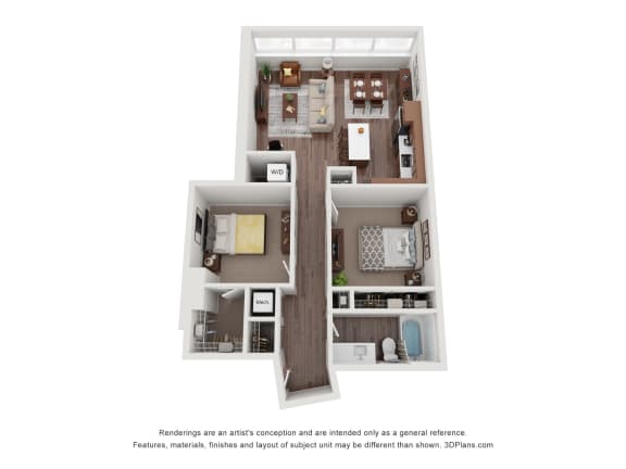 a stylized floor plan with a bedroom and a living room