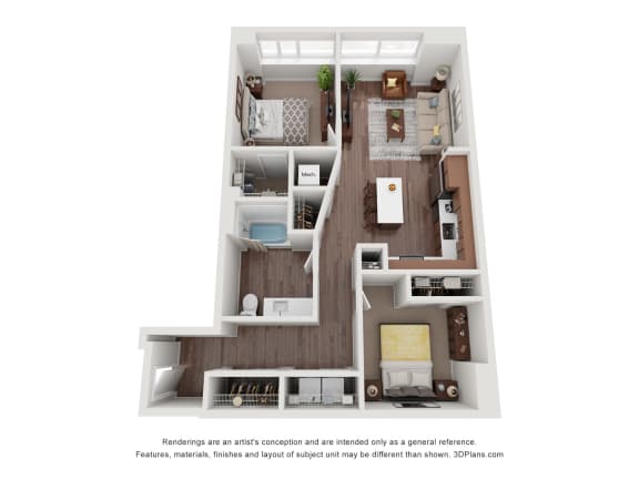 a stylized floor plan of a 1 bedroom apartment