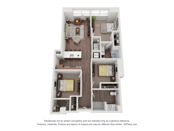 a stylized floor plan of a 1 bedroom floor plan