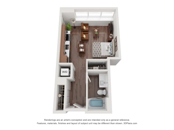 a stylized floor plan with a bedroom and a bathroom