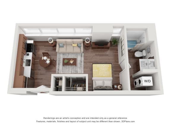 a stylized floor plan with a bedroom and living room