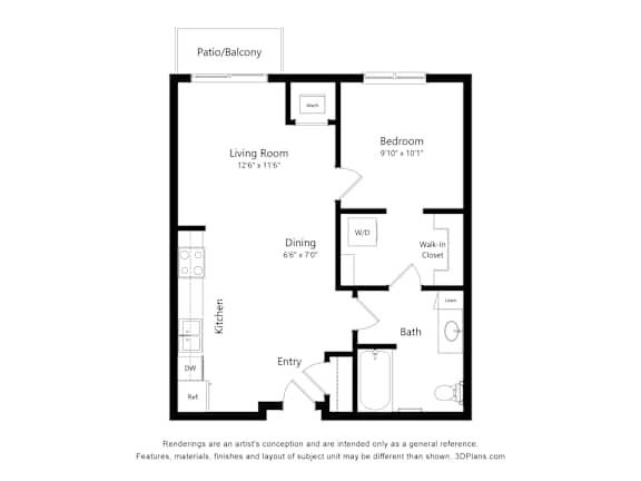 A floor plan of a home with a living room, dining room, kitchen, bedroom, bathroom and closet.