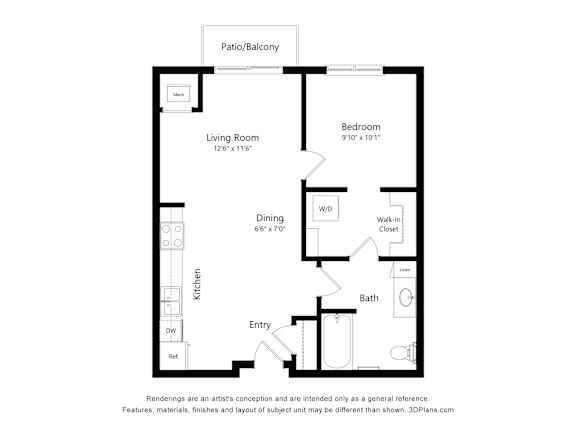 A floor plan of a house with a living room, dining room, kitchen, bedroom, bathroom and entry.