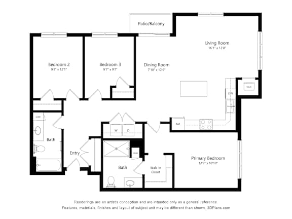 A floor plan of a home with a living room, two bedrooms, a bathroom, and a primary bedroom.