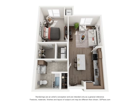 a 1 bedroom floor plan with a bedroom and a living room