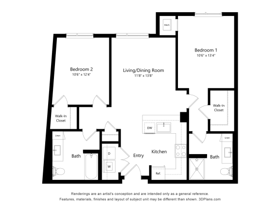 a floor plan of a bedroom apartment with an open floor plan
