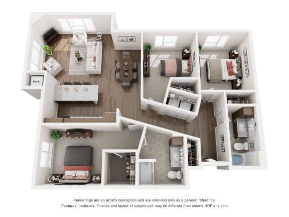 a 1 bedroom floorplan is shown in this rendering